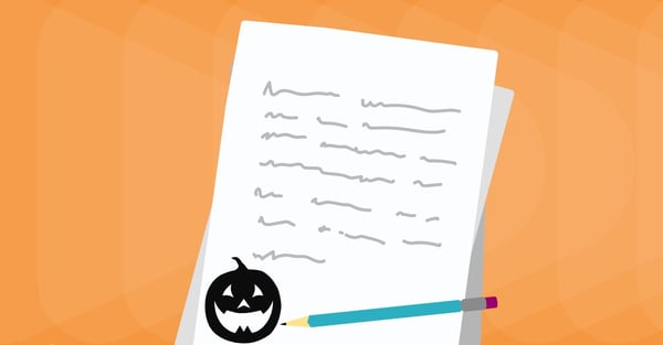 Illustration of paper with black jack-o-lantern and pencil. Orange background.
