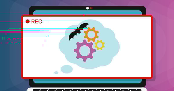 Illustration of screen recording on laptop. Bat graphic visible in recording. Gradient teal-purple background.