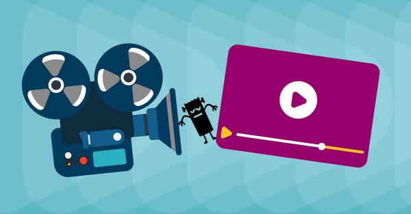Illustration of film camera and video screen. Black Frankenstein's monster in between. Teal background.